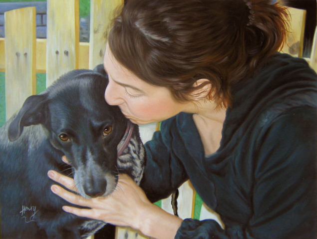 Custom oil painting of a woman kissing black dog