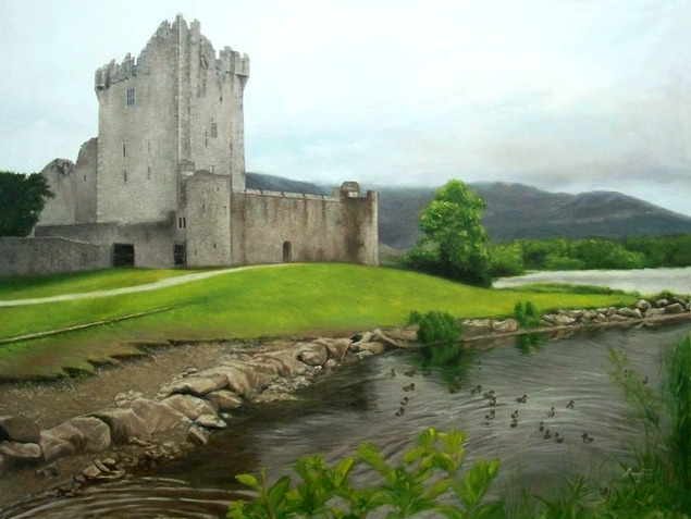 Stone castle by lake with ducks swimming.
