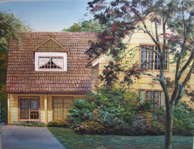 Painting of a yellow house with brown roof and lush landscaping.