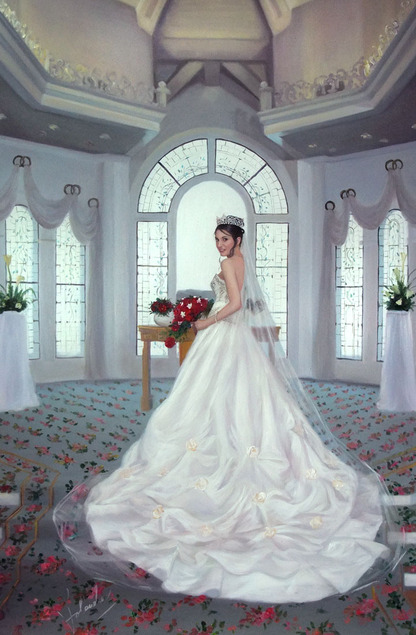 an oil painting of a bride showing of her dress