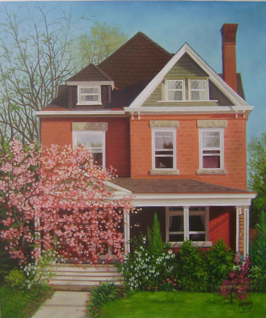 Painting of a brick house with a flowering tree and porch.
