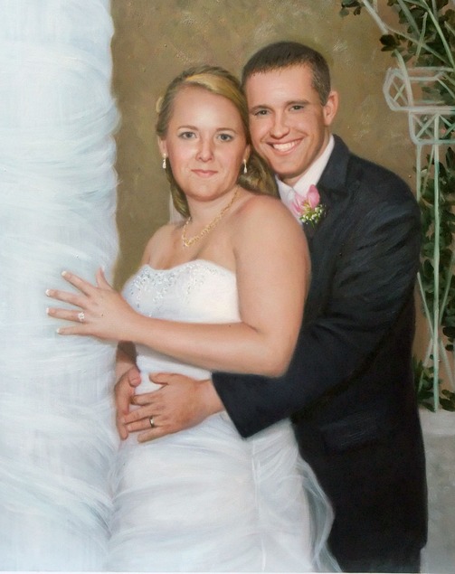 an oil painting of a wedding couple hugging