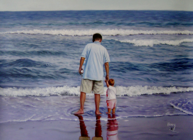 oil painting of dad and a child near the seashore