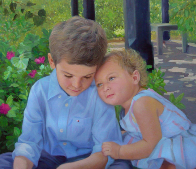 an oil painting of siblings hugging outdoors