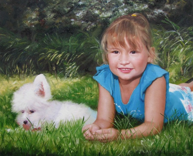 Custom oil portrait of a child and a little white poodle