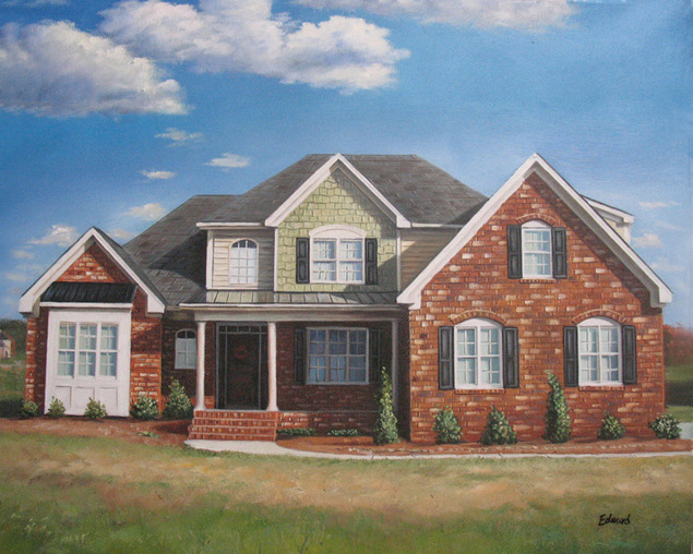 Painting of a two-story brick house with a covered porch under a partly cloudy sky.