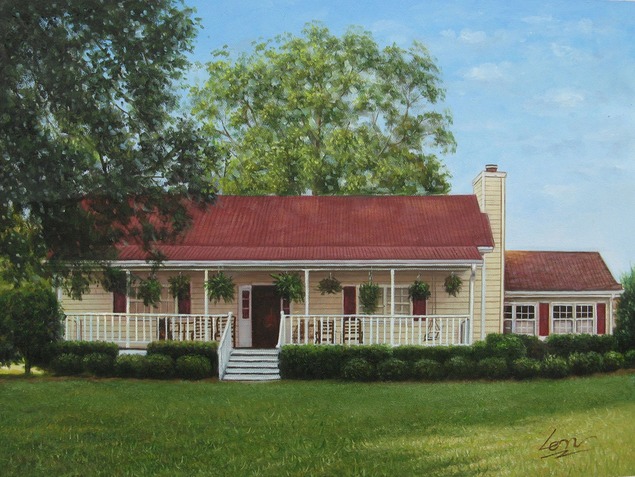 Painting of a yellow house with a red roof and porch, surrounded by greenery.