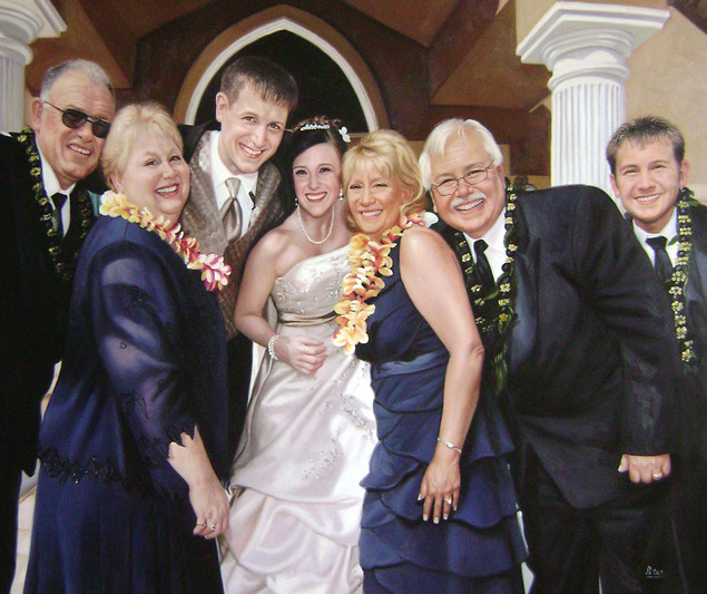 convert group photo of a wedding to oil painting