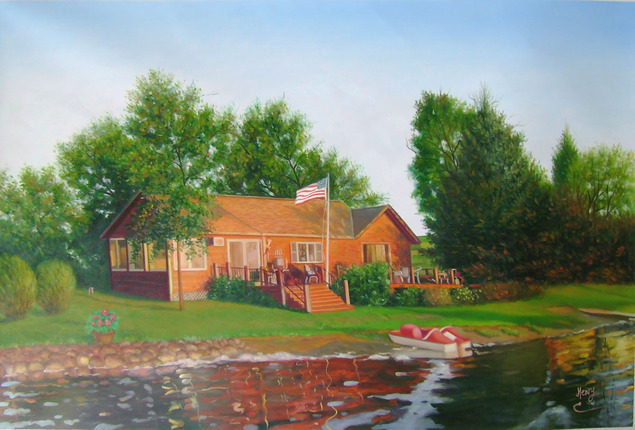 Painting of lakeside house with American flag and small boat.