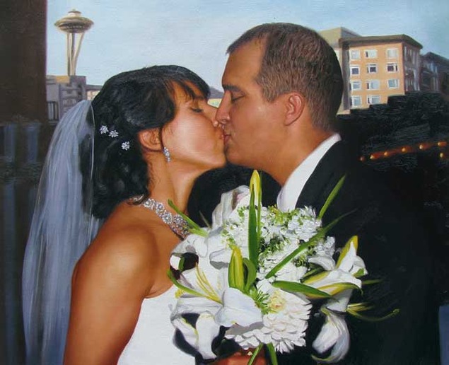 an oil paitning of a wedding couple kissing in seatle