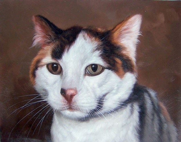 Oil painting of a calico cat
