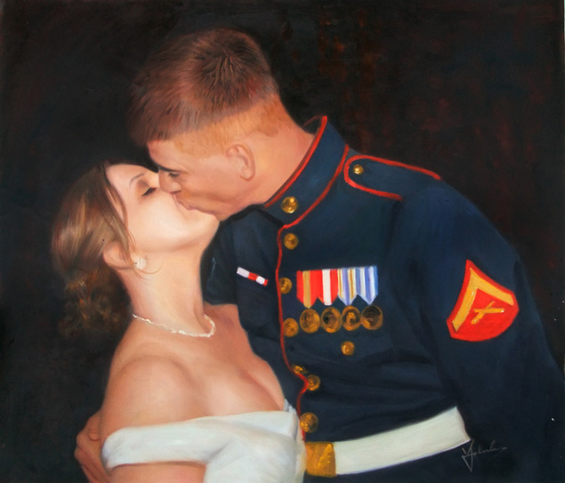 a custom oil painting of wedding couple kissing