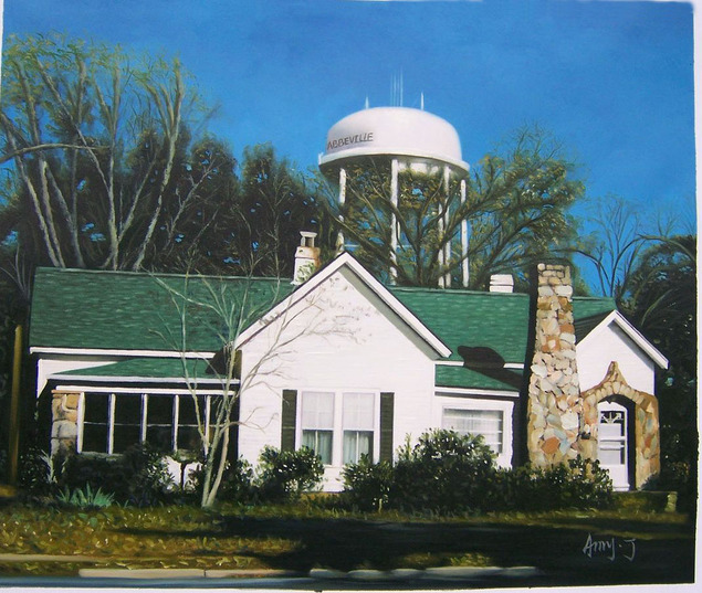 Painting of a white house with a green roof and stone chimney, with an Abbeville water tower in the background.