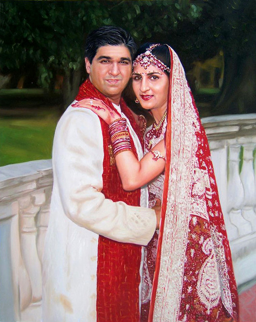 Oil painting of a bride and groom in traditional South Asian wedding attire.