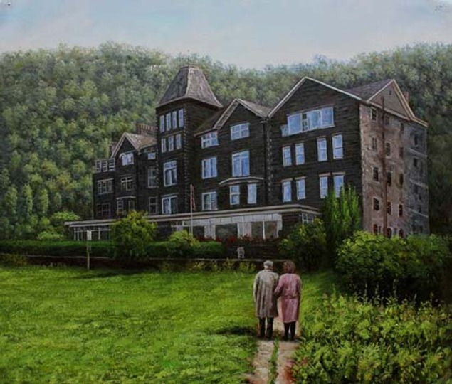 Handmade oil painting large dark grey house
