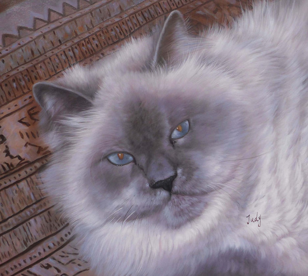 close up pet painting of grey cat with blue eyes