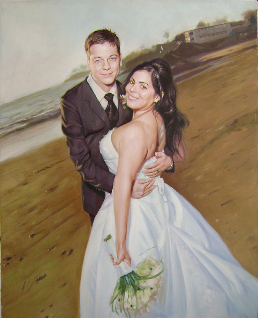 Oil painting of a bride and groom embracing on a beach.