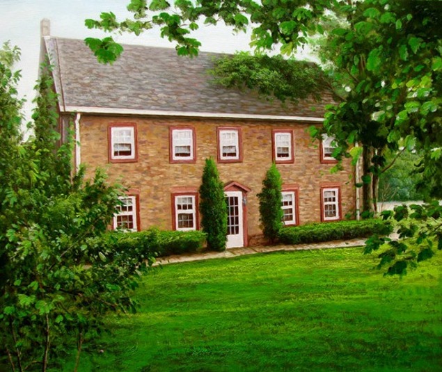 Handmade oil painting brown house greenary