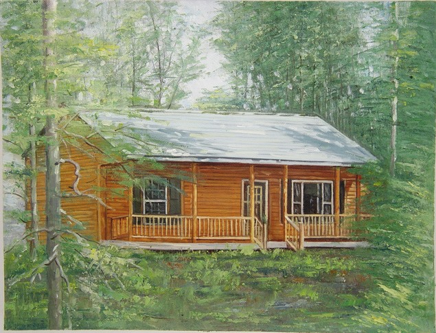 Painting of a brown cabin in the woods.