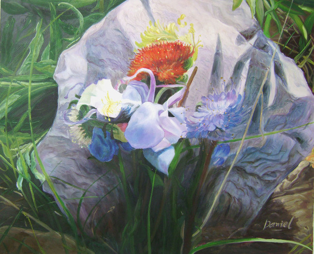 Painting of wildflowers resting on a rock.