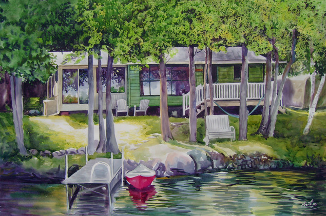 custom watercolor painting of a lakehouse by dock