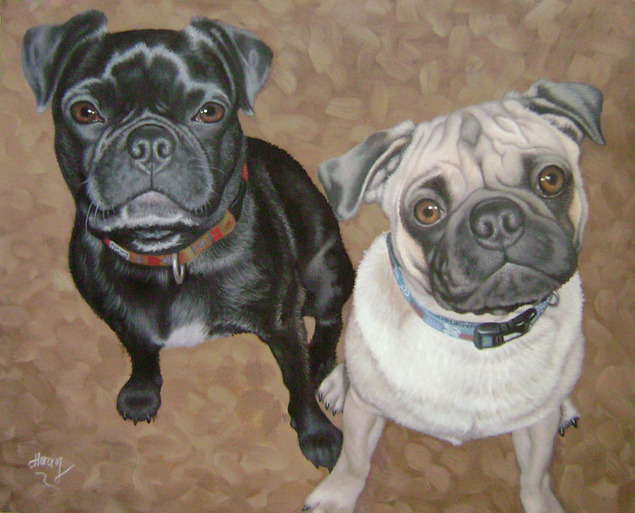 custom acrylic painting of two pugs