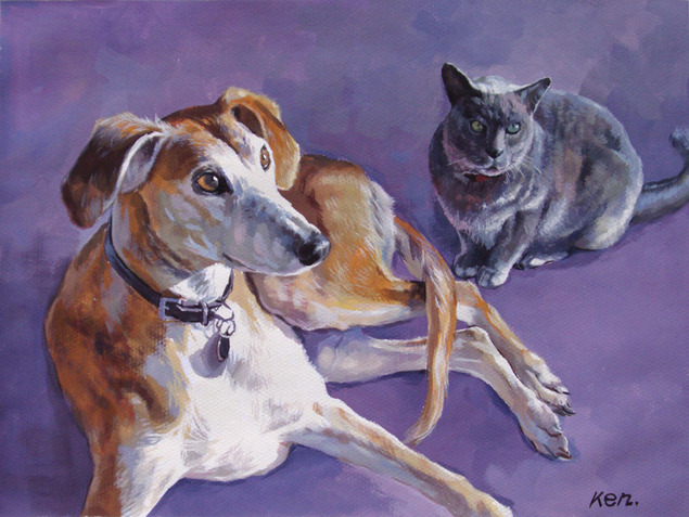 Painting of a dog and cat lying down on a purple background.
