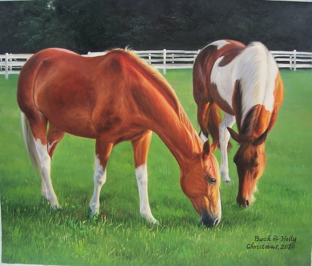 2 horses in the field - oil portrait