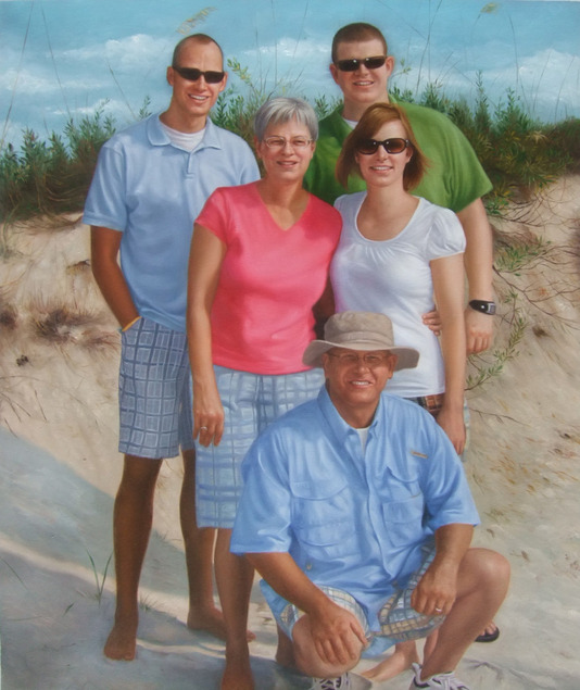 an oil painting of a family at the beach