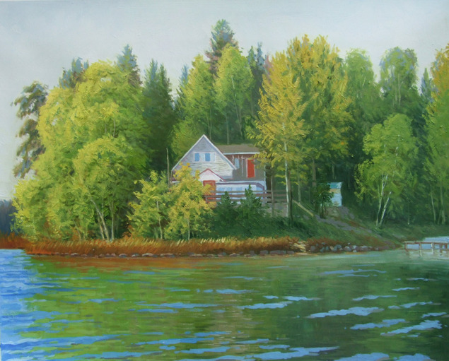 Handmade oil painting of a house by the lake