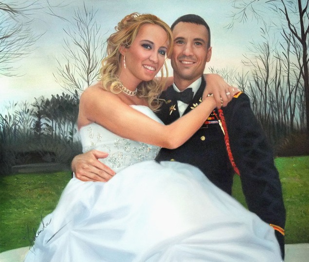 Painting of a bride and groom, the groom in military uniform holds the bride.