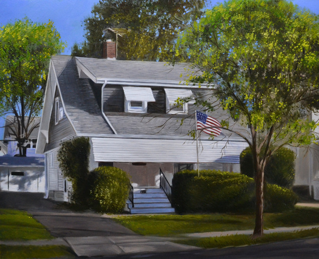 Painting of a gray house with an American flag.