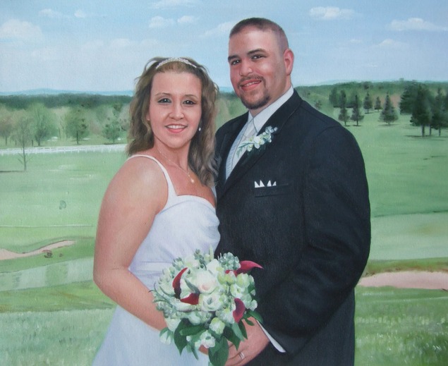 an oil painting of a couple holding hands outdoors
