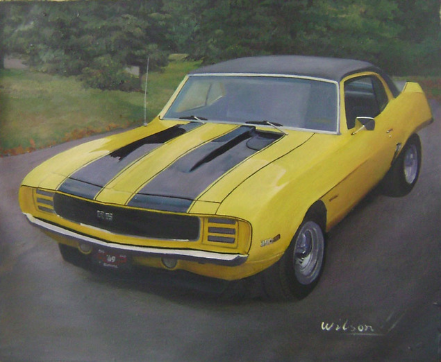Painting of a yellow and black Camaro