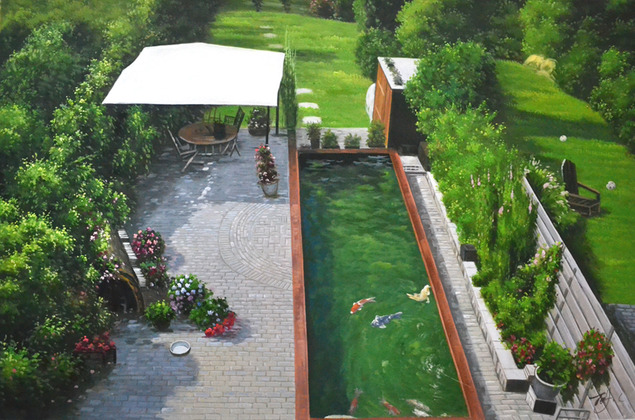 Koi pond and patio with pergola in a lush garden.