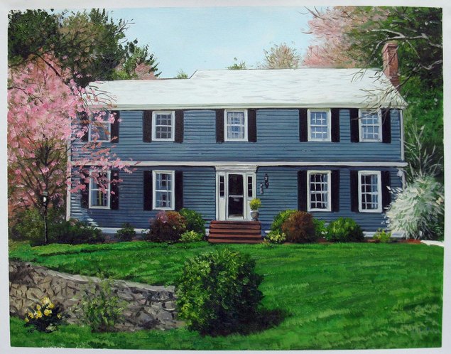 Painting of a blue house with white trim and black shutters, surrounded by a lawn and flowering trees.