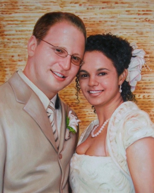 an oil painting of a wedding couple