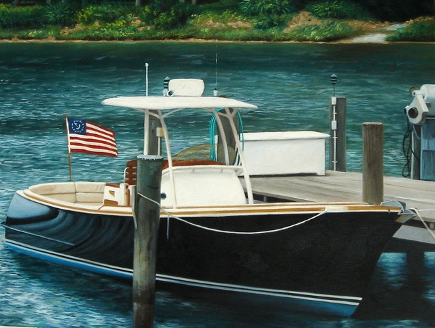 Painting of a black and white boat docked at a wooden pier with an American flag.
