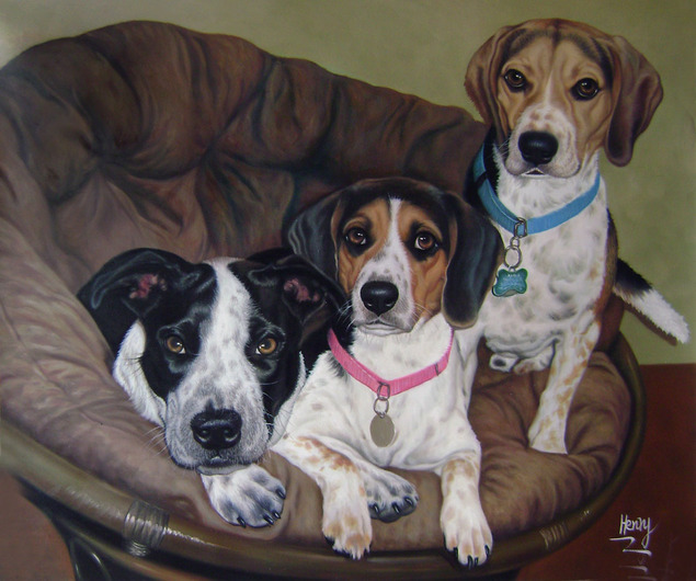 Painting of three dogs in a brown chair, two beagles and one black and white dog.