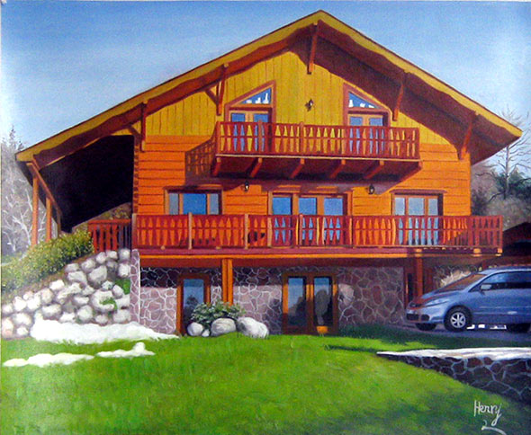 Custom oil handmade painting wooden house on sunset