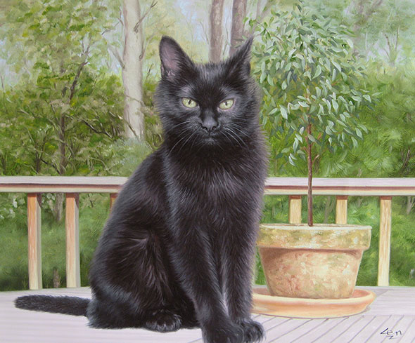 black cat outdoors oil painting