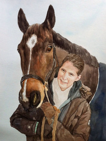 pittura ad acquerello di un cavallo e proprietario