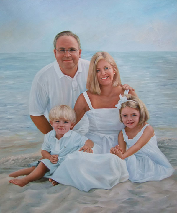 a custom oil painting family at the beach