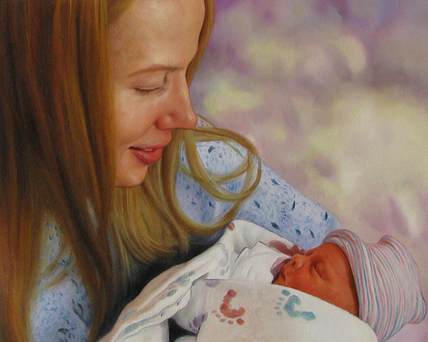 a custom oil portrait of mother holding a newborn
