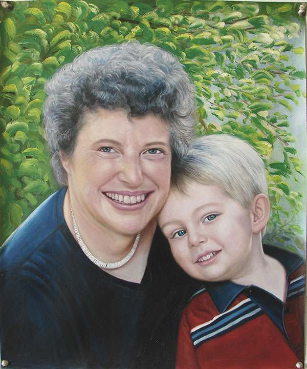 an oil painting of grandmother and her grandkid