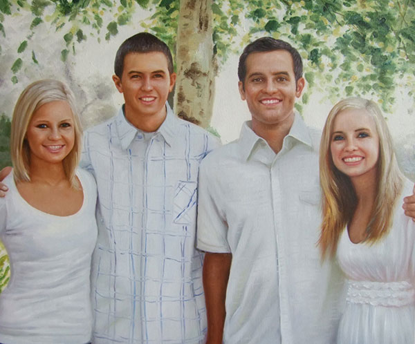 an oil painting of a family in white