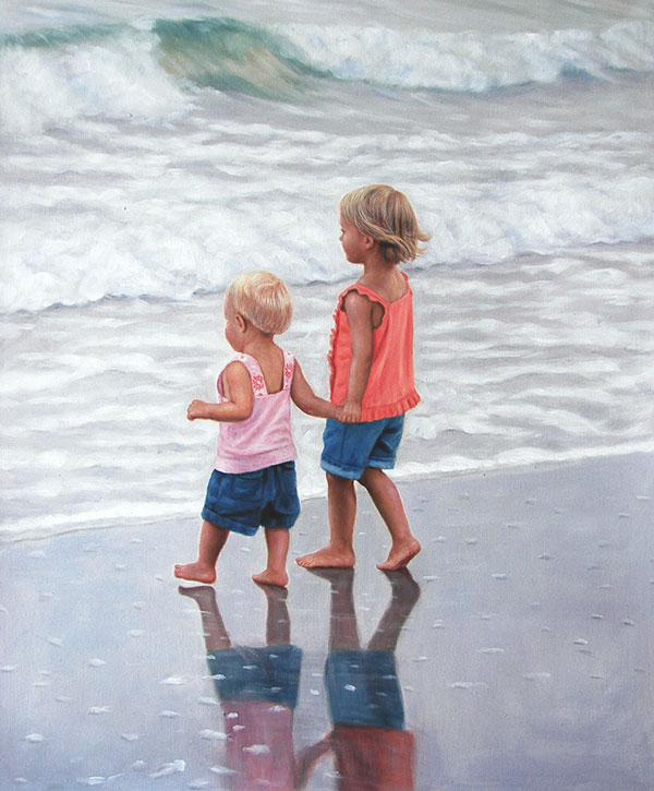 a custom oil painting of children by the sea
