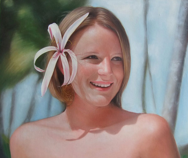 oil painting of a young lady with flower in hair