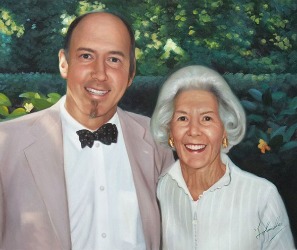 an oil painting of mother and son