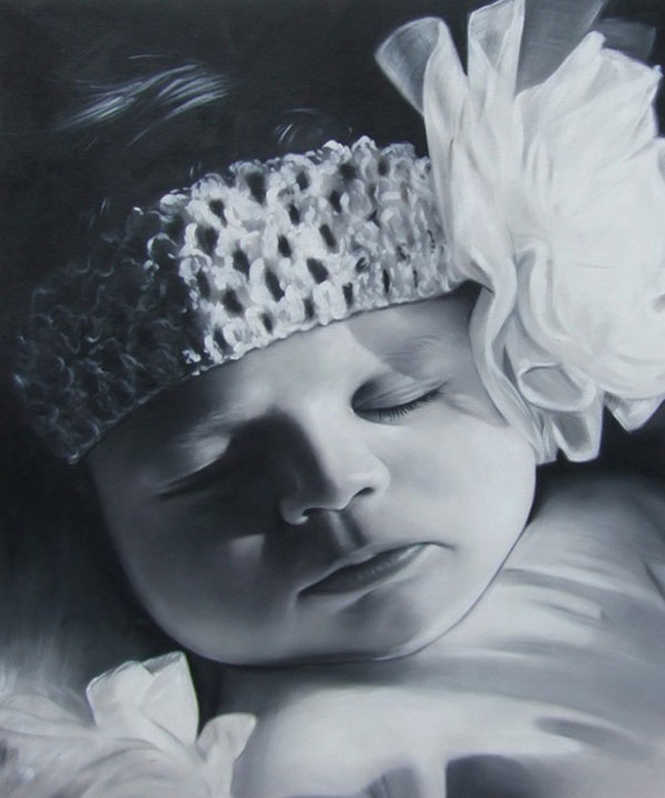 a black and white oil painting of a toddler